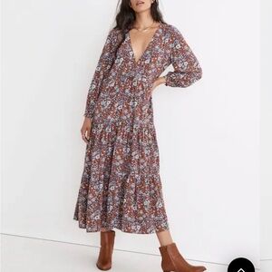 Madewell Floral Long Sleeve Dress in Brown and Blue